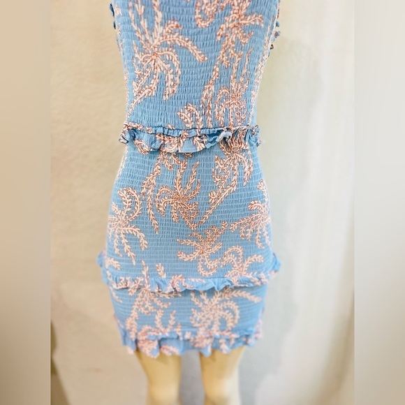 SAINTS & SECRETS
Soleil Ruffle Strap Shirred Dress Leaf Print Blue size med - Picture 14 of 15